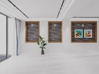 Minimalist white room with marble floor three wall niches potted plant curtains and bright light