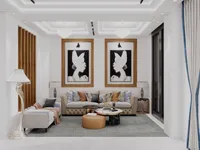 Modern living room featuring beige sofa two large wall paintings coffee tables and floor lamp