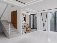 Modern living room with grey stone stairs wooden wall panel sofa footrest rug floor lamp