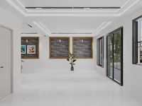 White room with wooden wall panels green plant glass windows and polished white marble floors