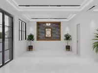 Modern white interior with marble floor center wall niche framed picture and two potted plants