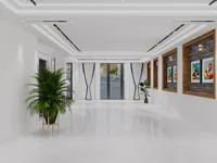 Bright spacious white hallway featuring marble flooring glass doors curtains potted plants and decorative niches