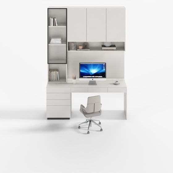 Modern Minimalist Solid Wood Bookcase with Desk Set 1