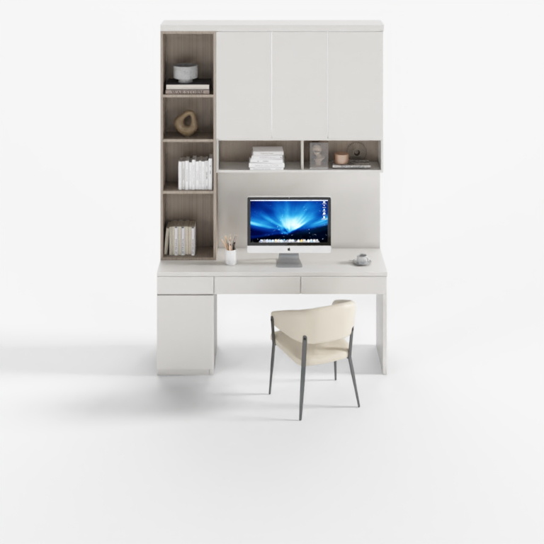 Modern Minimalist Solid Wood Desk Set with Bookcase