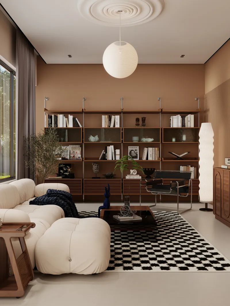 Modern living room with white sofa checkered rug wooden wall shelf and large ceiling light