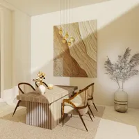 Side view of a wooden dining table with chairs next to a tall plant vase