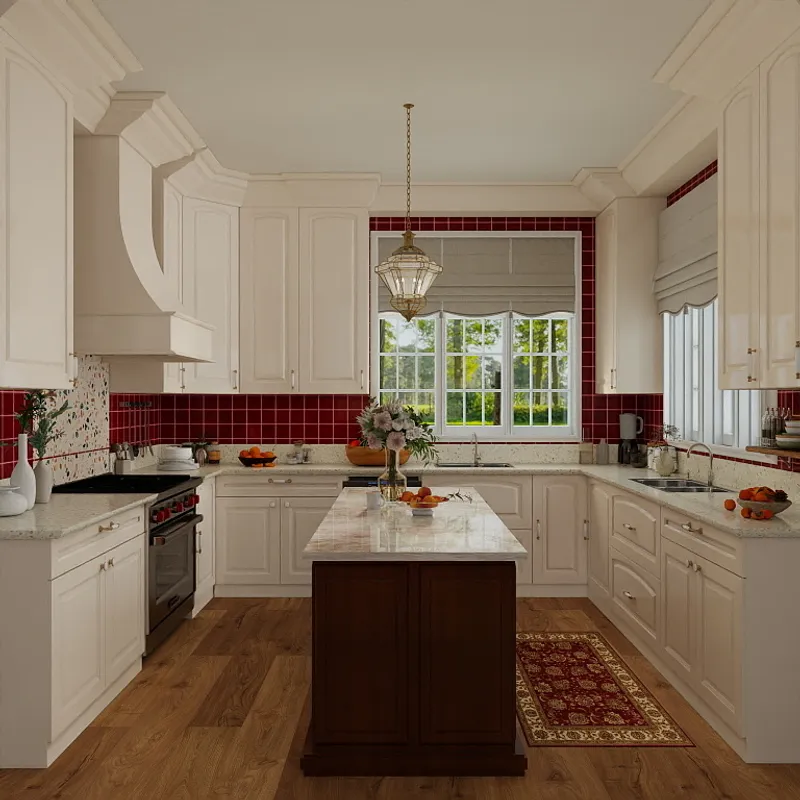Traditional kitchen with white cabinets red wall tiles dark wood island and a ceiling light