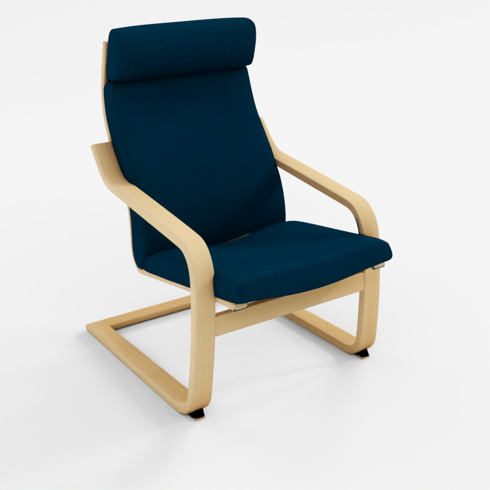 IKEA POÄNG Birch Veneer Armchair with Hillared Dark Blue Cushion
