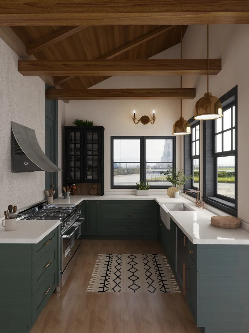 Rustic kitchen with green cabinets white counters wooden ceiling beams gold ceiling lights and rug
