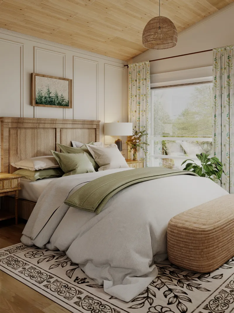 Interior design drawing of bedroom with wooden headboard green pillows white bedding and floral curtains