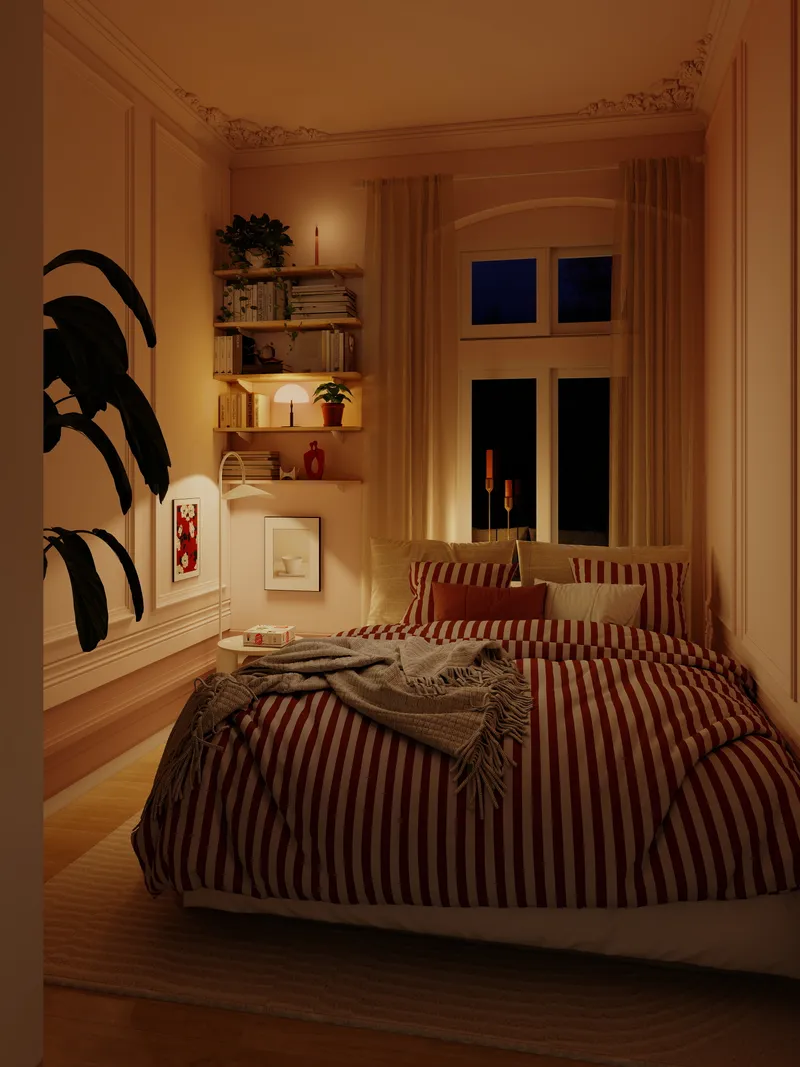 Small cozy bedroom with red striped bedding wooden shelves indoor plants and warm night lighting