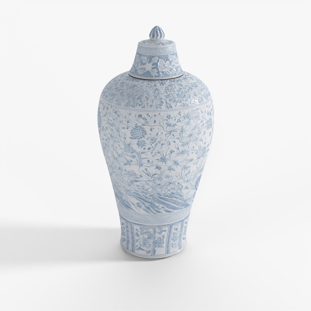 INDIGO Blue & White Porcelain Temple Jar - Crane Design