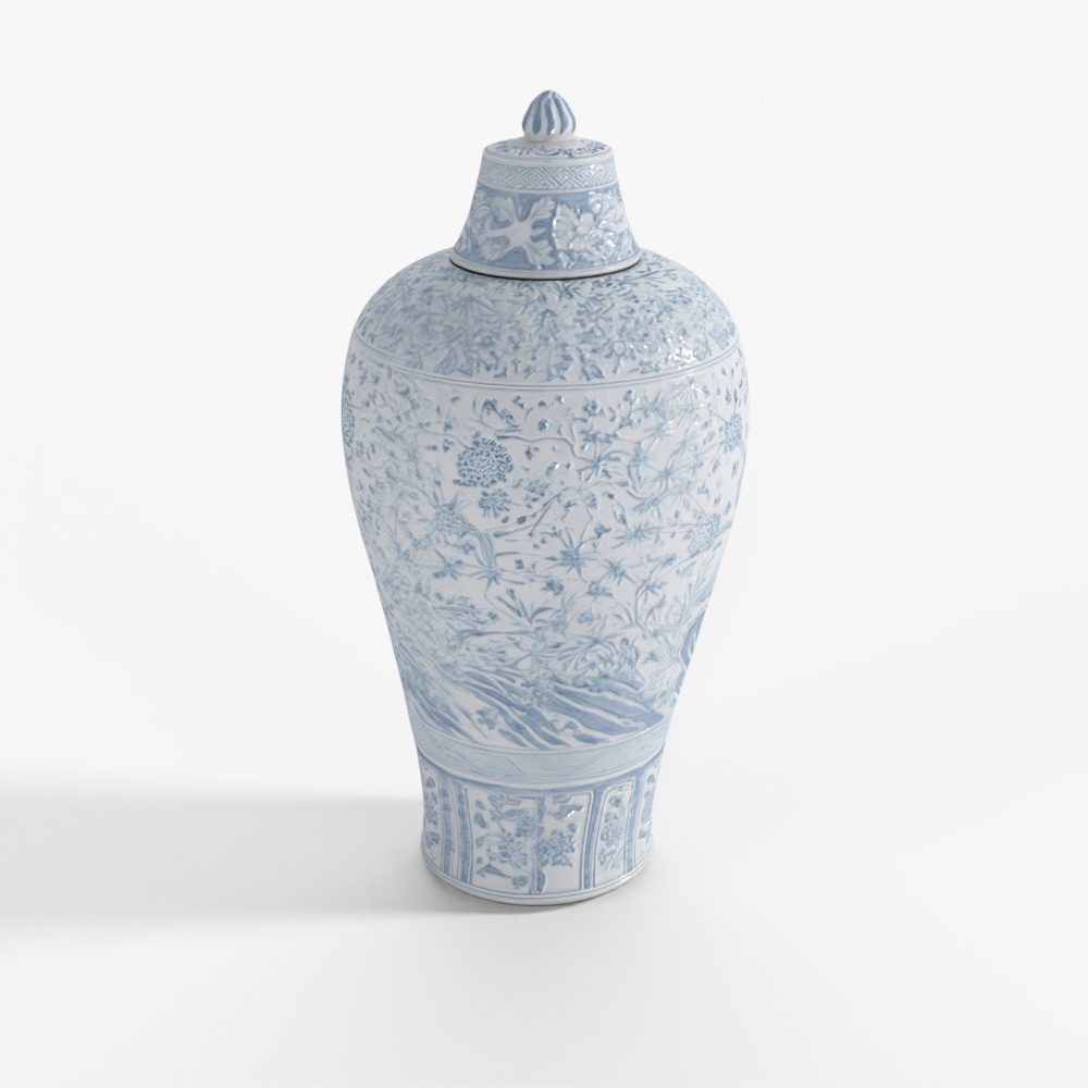 INDIGO Blue & White Porcelain Temple Jar - Crane Design