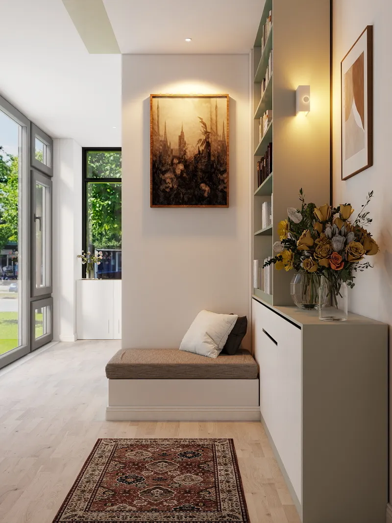 Entryway nook with small bench, white cabinet, wall light, bookshelf, yellow flowers, and patterned rug