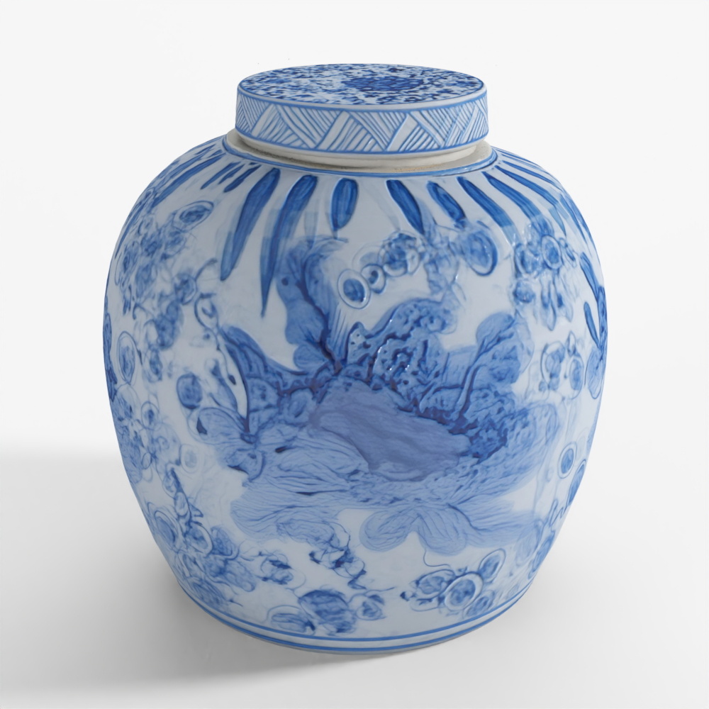 INDIGO Blue & White Porcelain Ginger Jar - Chrysanthemum