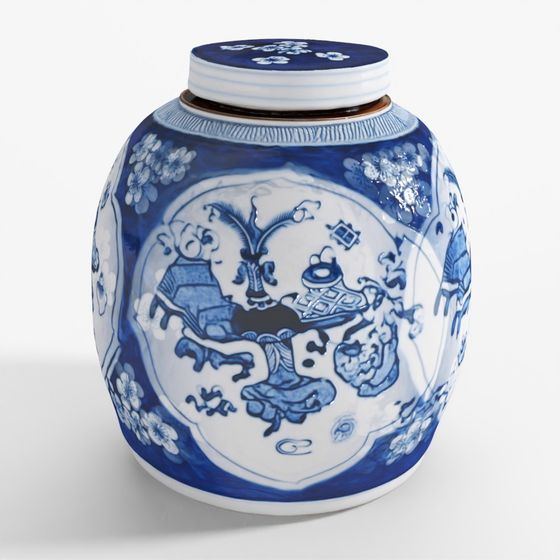 INDIGO Blue & White Porcelain Ginger Jar - Chrysanthemum