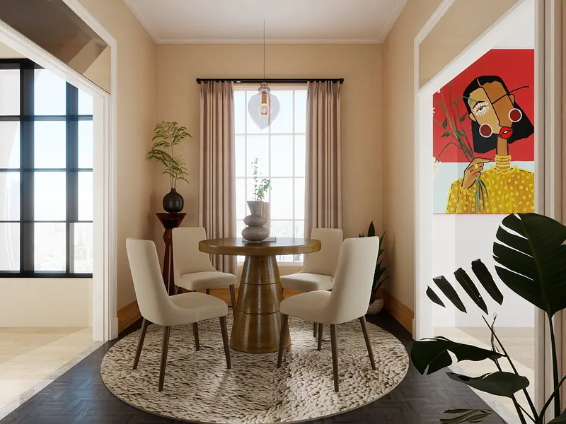 Modern dining room with round wooden table, four beige chairs, textured rug, window, and painting.