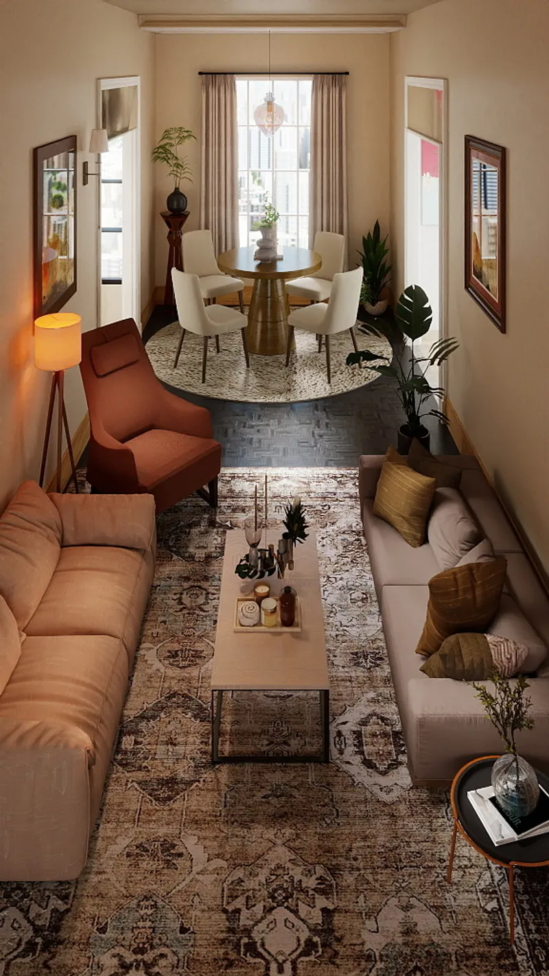 Narrow living room layout with two sofas coffee table patterned rug and small dining table set
