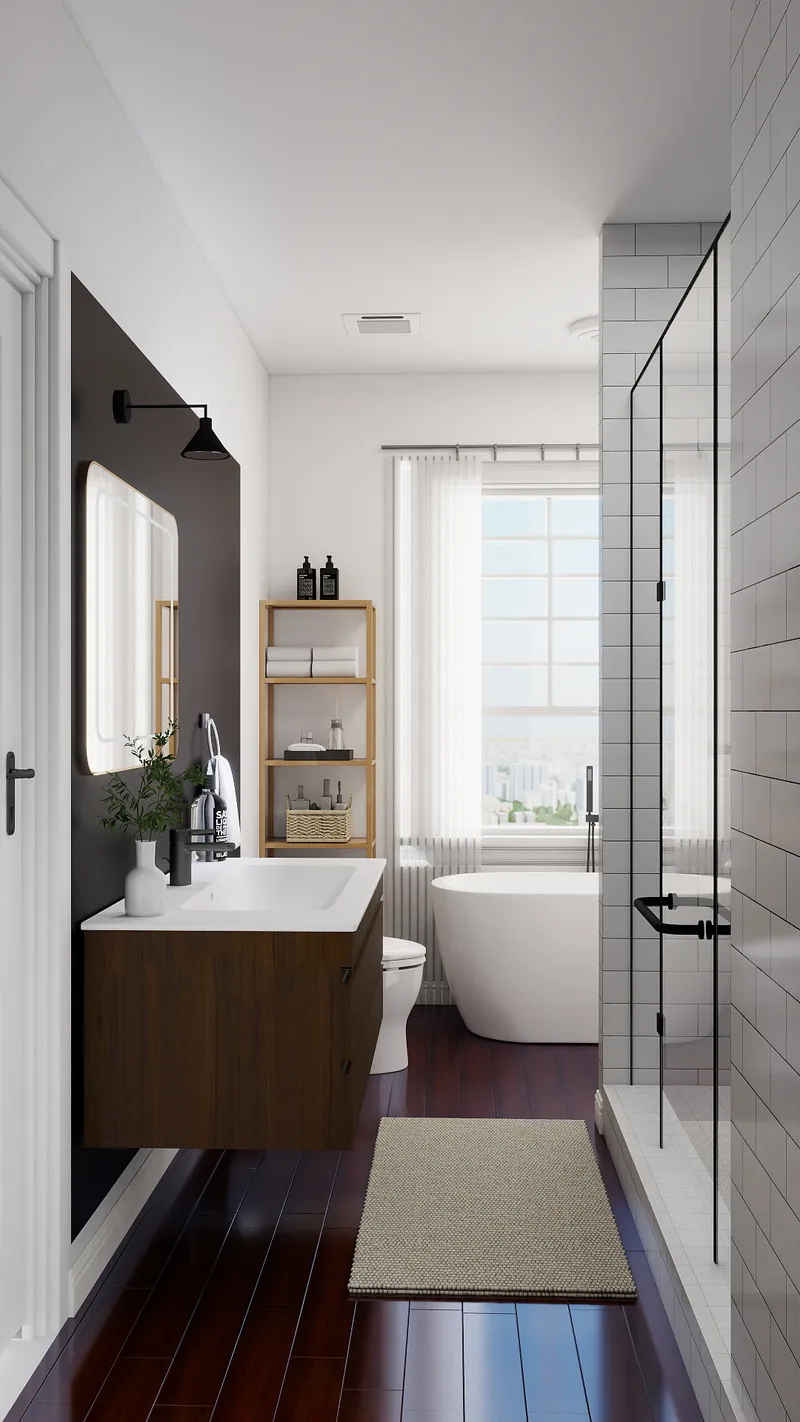Modern bathroom with wooden cabinet, white sink, lighted mirror, white bathtub, toilet, and tiled shower