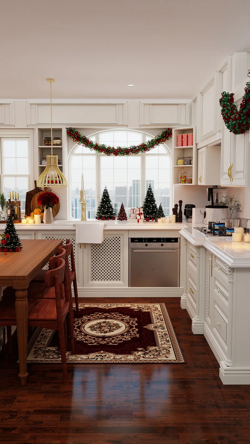 White kitchen with wood dining table red chairs Christmas garland on window and small trees