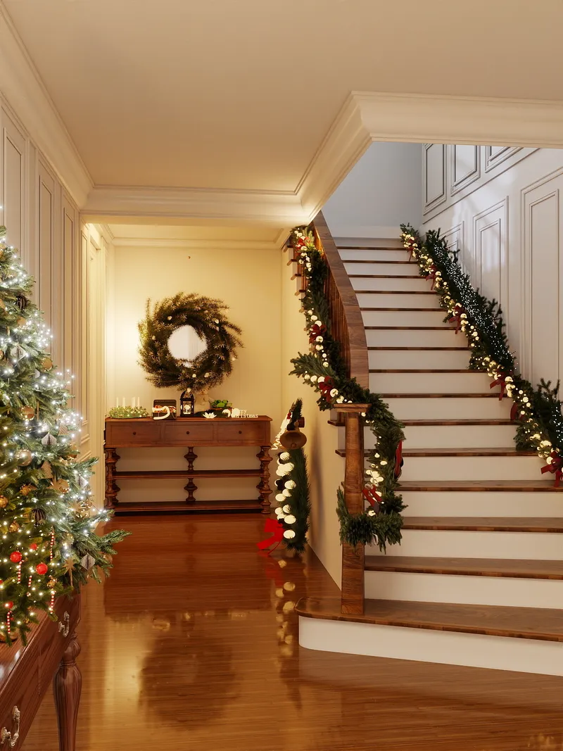 Festive hallway with wooden stairs decorated with green garlands a wreath and a Christmas tree