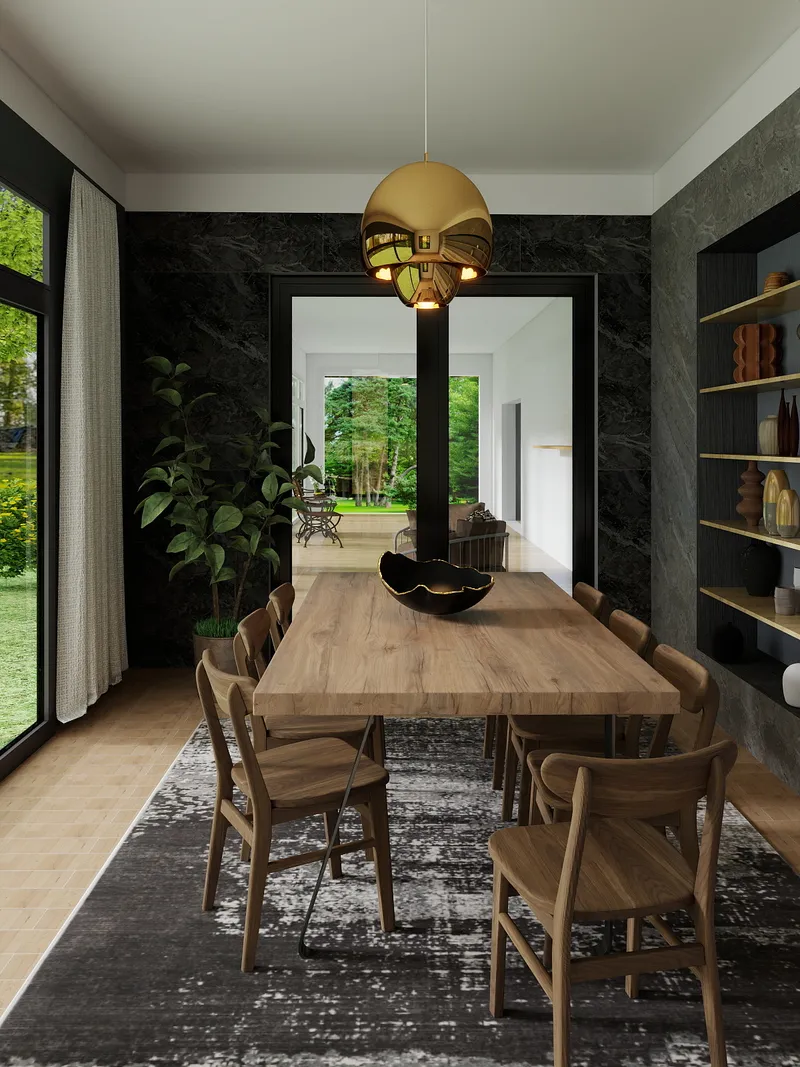 Modern dining room with wooden table gold ceiling light green plant rug and black marble