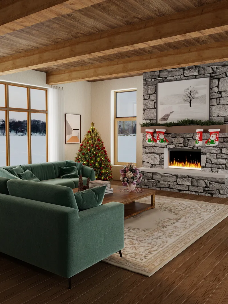 Living room with green sofa, wooden ceiling beams, stone fireplace with four stockings, Christmas tree