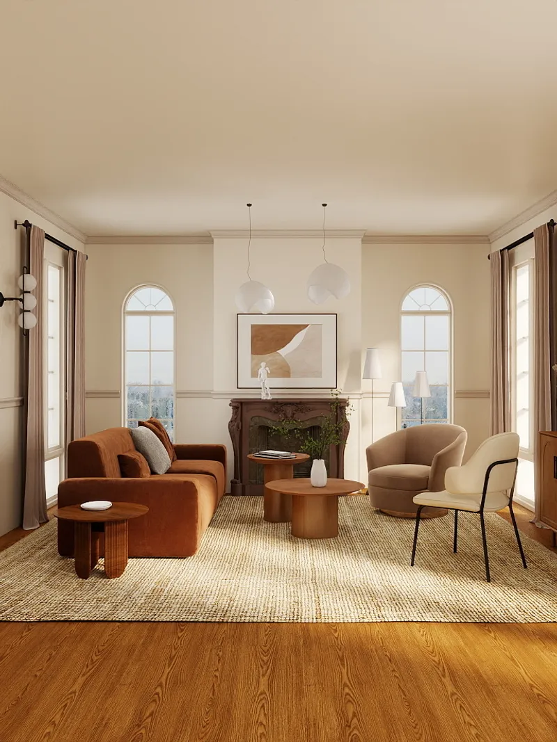 Warm living room with brown sofa wooden coffee table fireplace wall art and hanging lights
