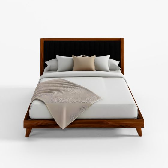 Modern Upholstered Bed with Dark Wood Frame 3D Realistic