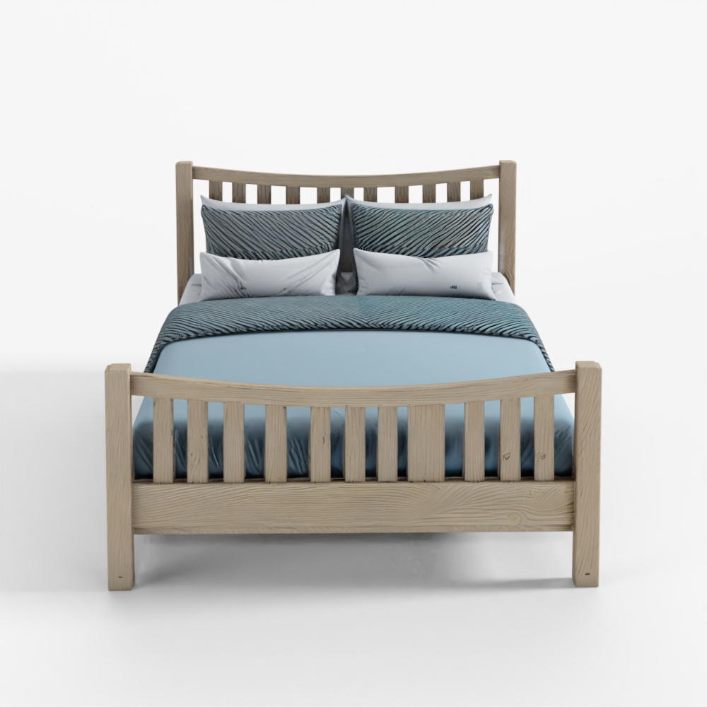3D PBR Rustic Wooden Double Bed with Bedding