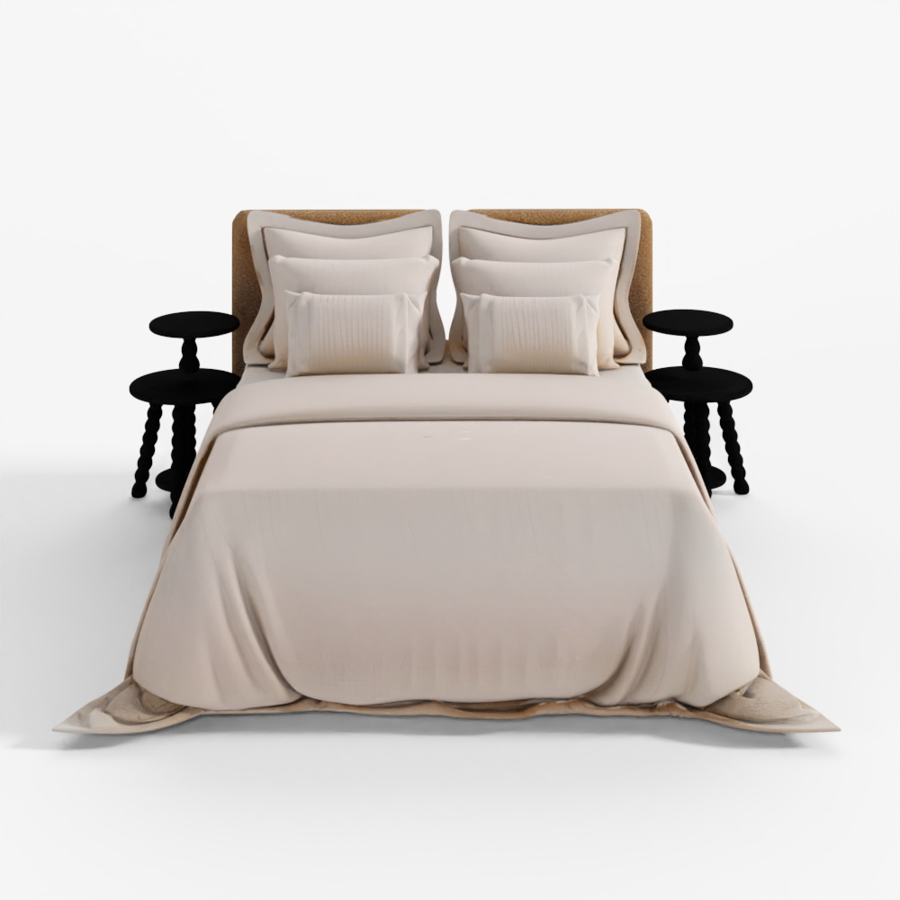 Beige Bed with Seersucker Fabric Bedding 3D