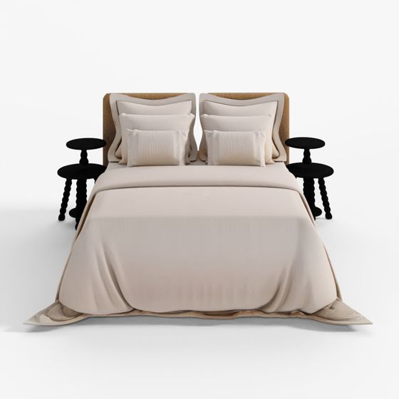 Beige Bed with Seersucker Fabric Bedding 3D