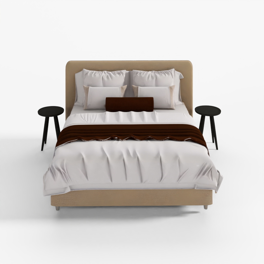 Beige Bed with Rounded Headboard 3D Model