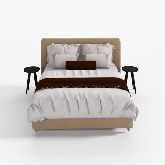 Beige Bed with Rounded Headboard 3D Model