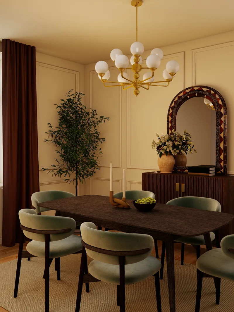 Dining room with dark wood table, green chairs, gold ceiling light, wall panel, and plant