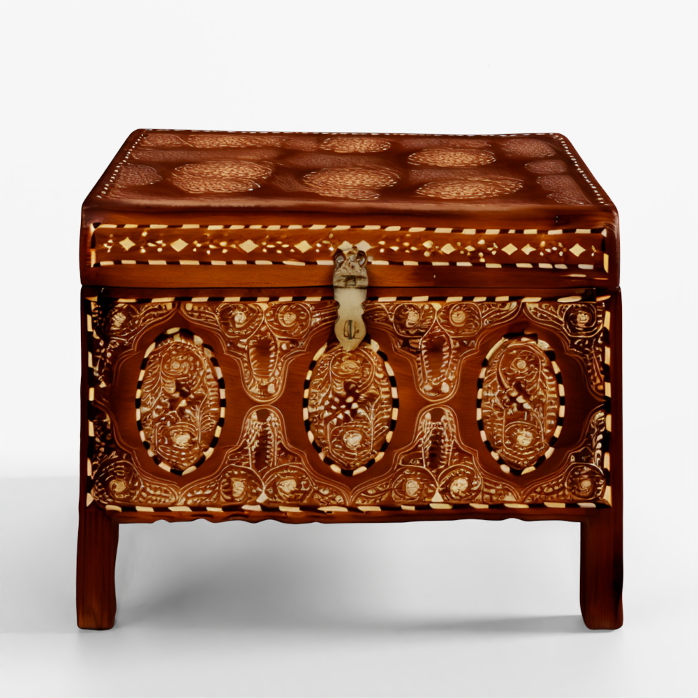 INDIGO Indian Bone Inlay Teak Chest - Ca 1900