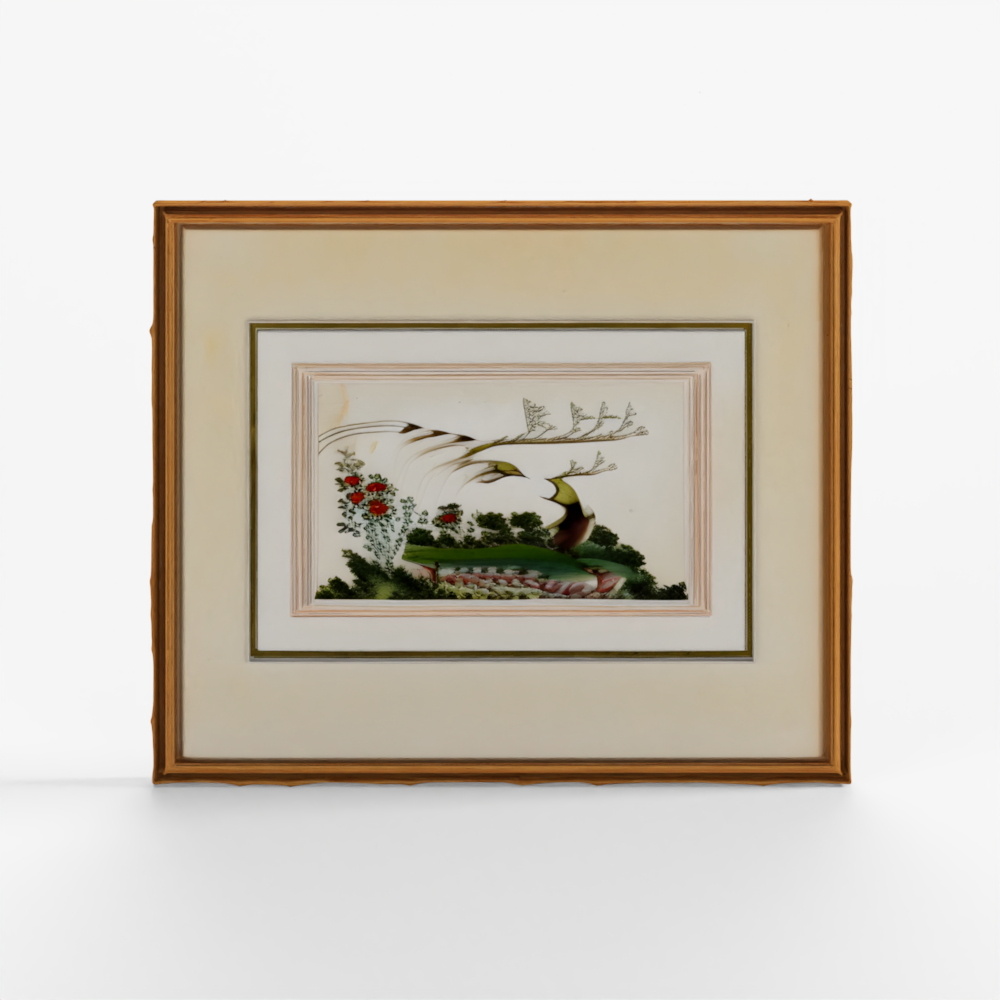 INDIGO Framed Chinese Watercolor of Birds on Pith Paper