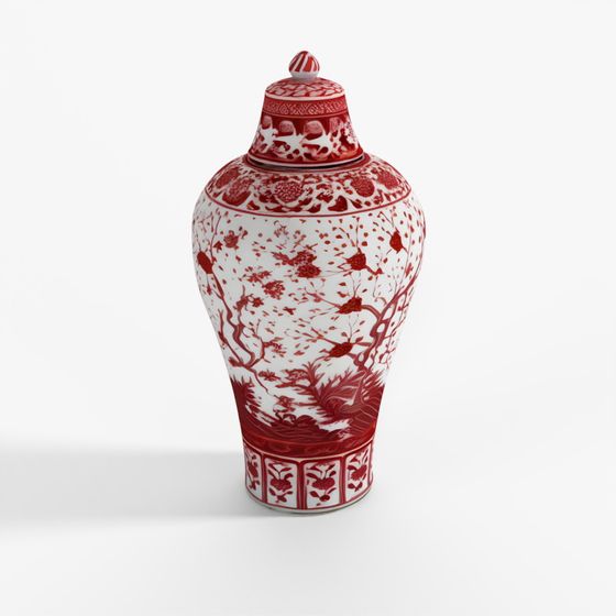 INDIGO Copper Red Porcelain Temple Jar - Four Tree Design