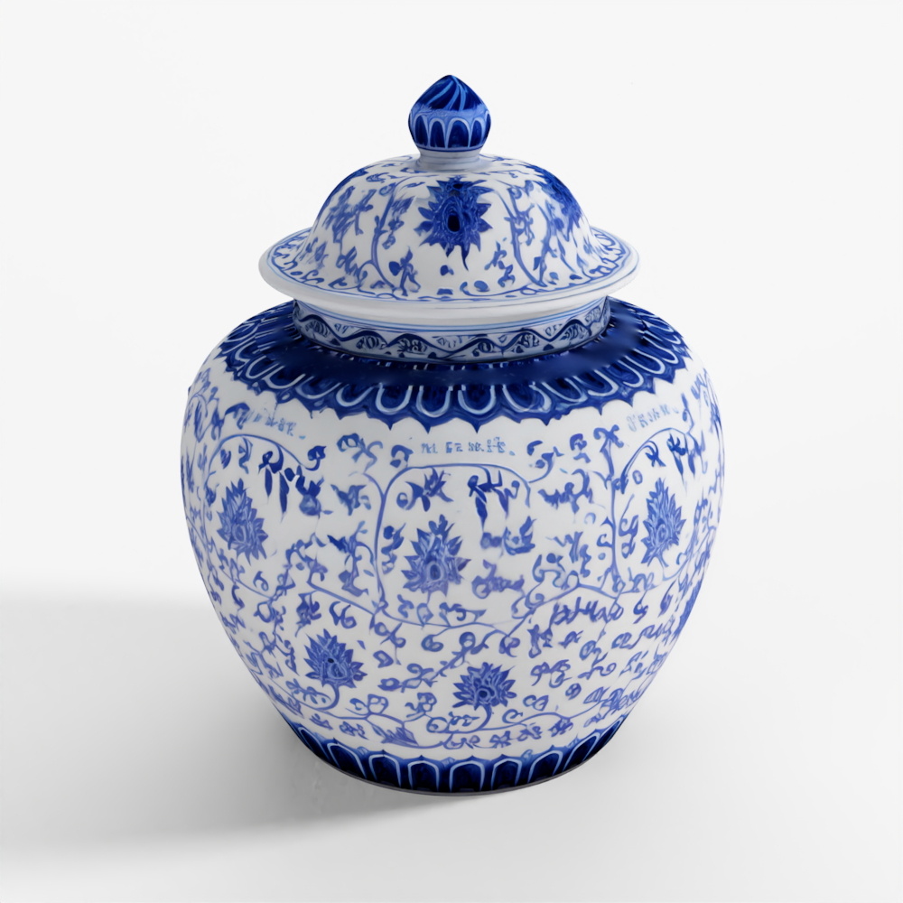 INDIGO Blue & White Porcelain Lidded Urn - Lotus Design