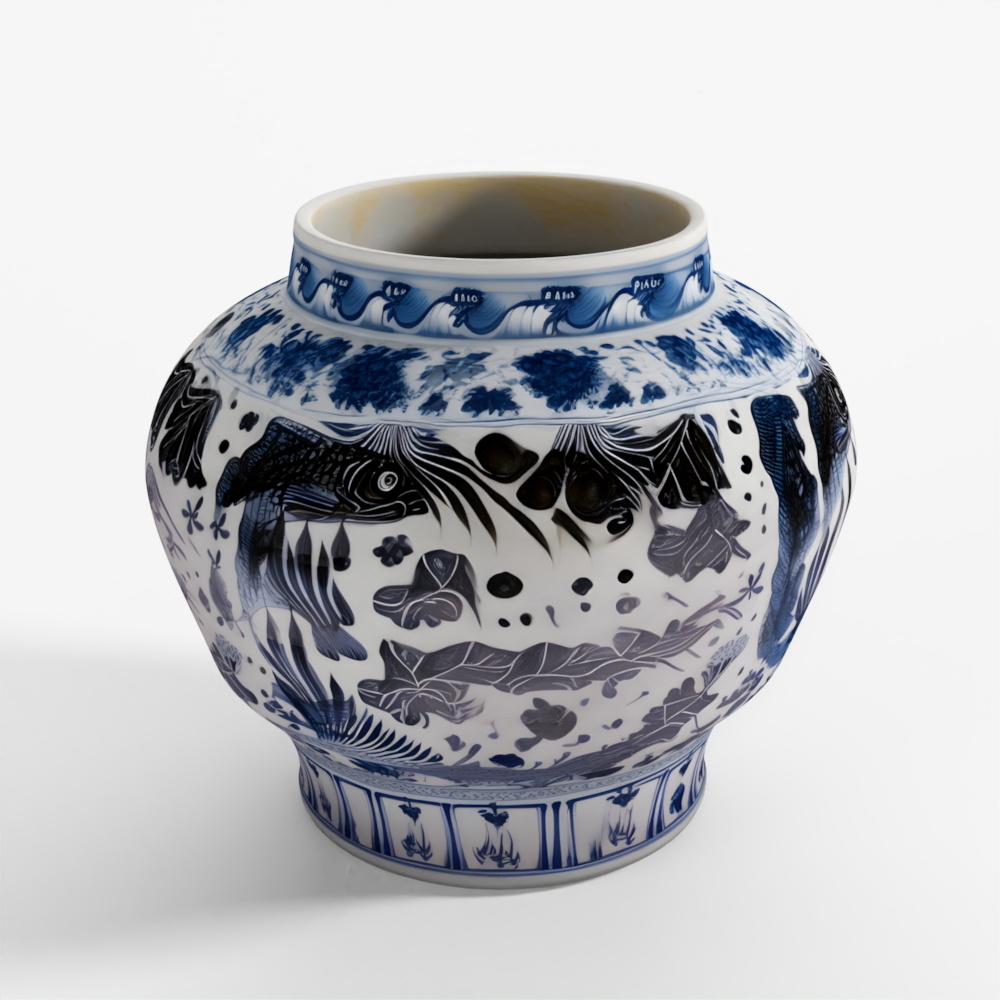 Jardinière en Porcelaine Bleue et Blanche INDIGO - Motif Poisson