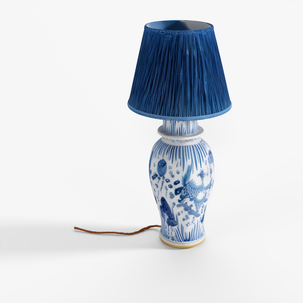 INDIGO Blue & White Temple Jar Lamp - Fish Design