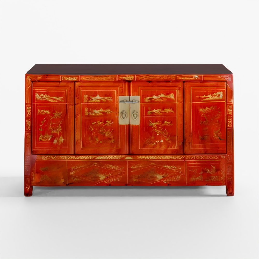 INDIGO Red Lacquer Chinese Sideboard from Dongbei