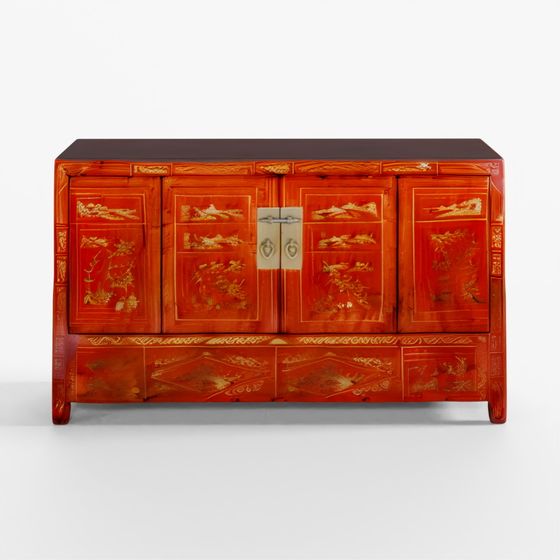 INDIGO Red Lacquer Chinese Sideboard from Dongbei
