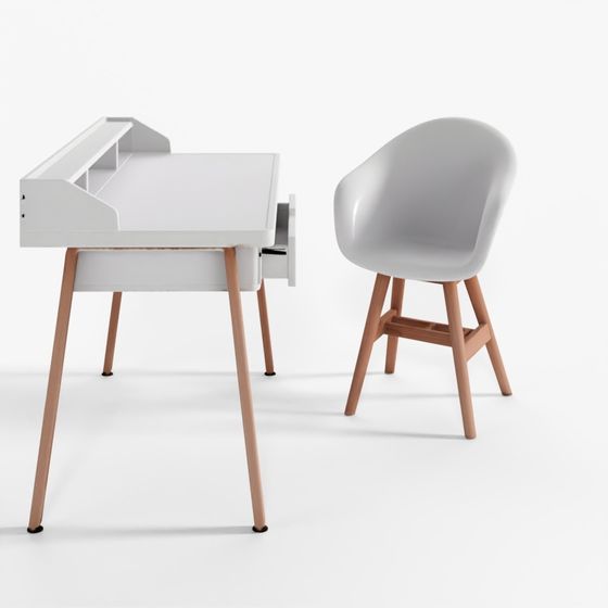 White Writing Desk and Upholstered Chair 3D