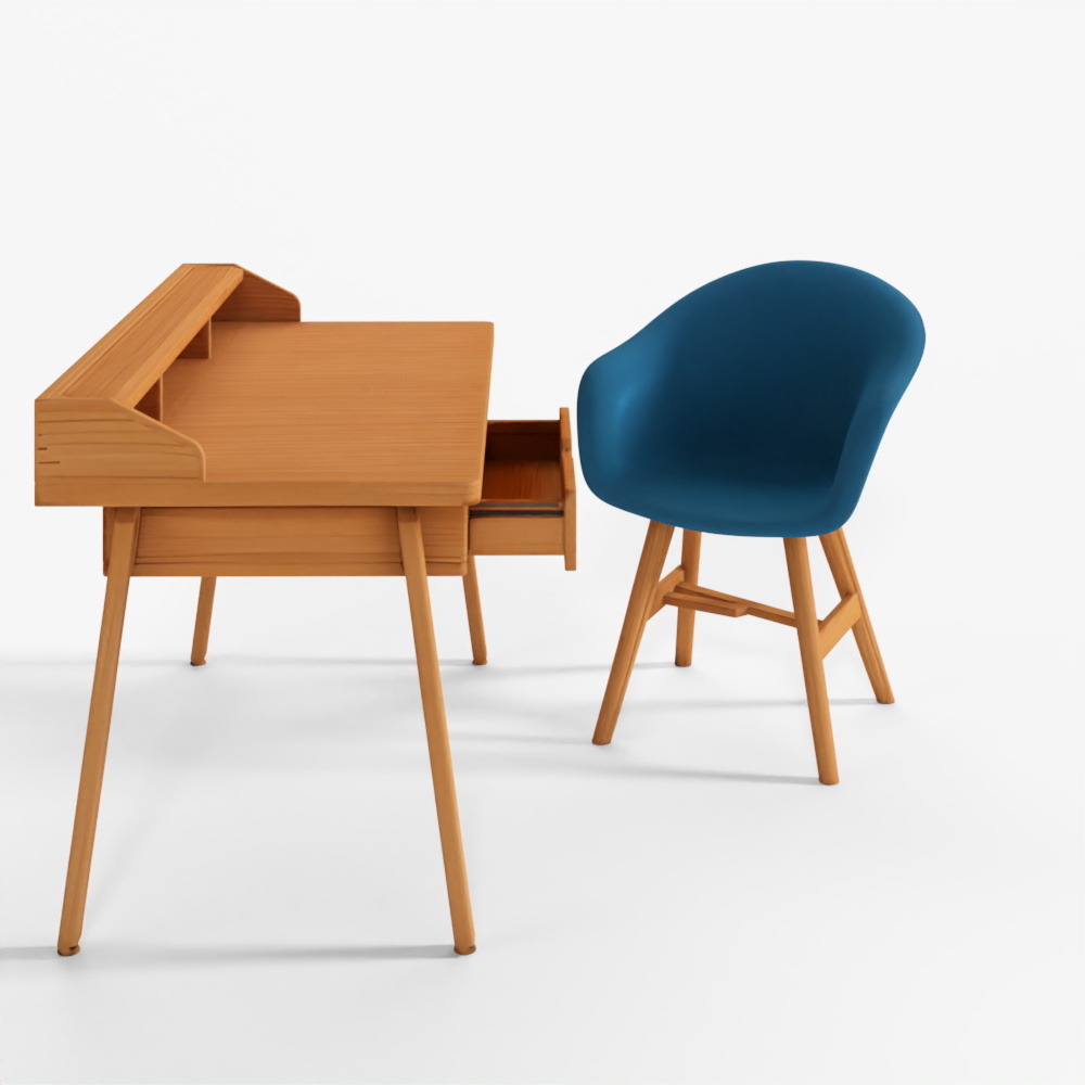 赤い書き机と張りぐるみチェア 3D