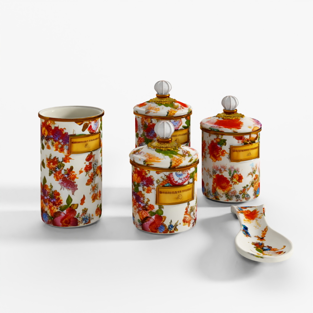 MacKenzie-Childs Set de 5 piezas de utensilios esenciales de cocina Mercado de Flores Blanco