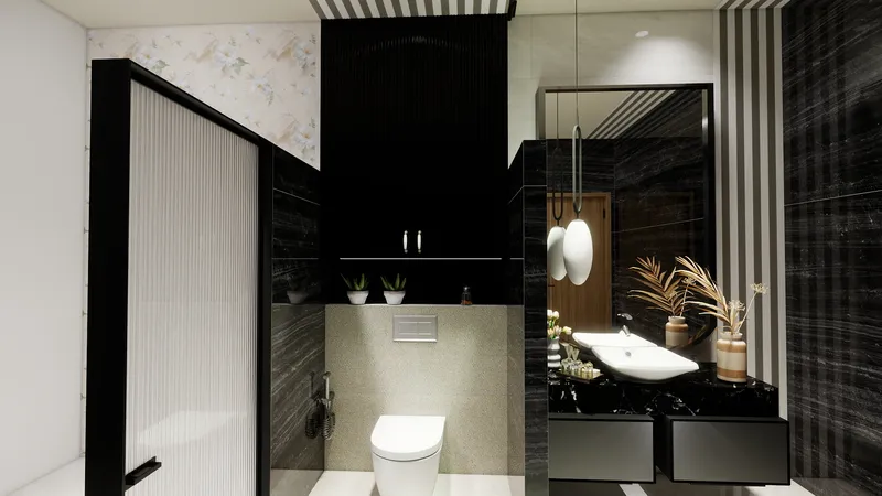 Modern bathroom with white toilet, black marble walls, white sink, large mirror, and floral wallpaper