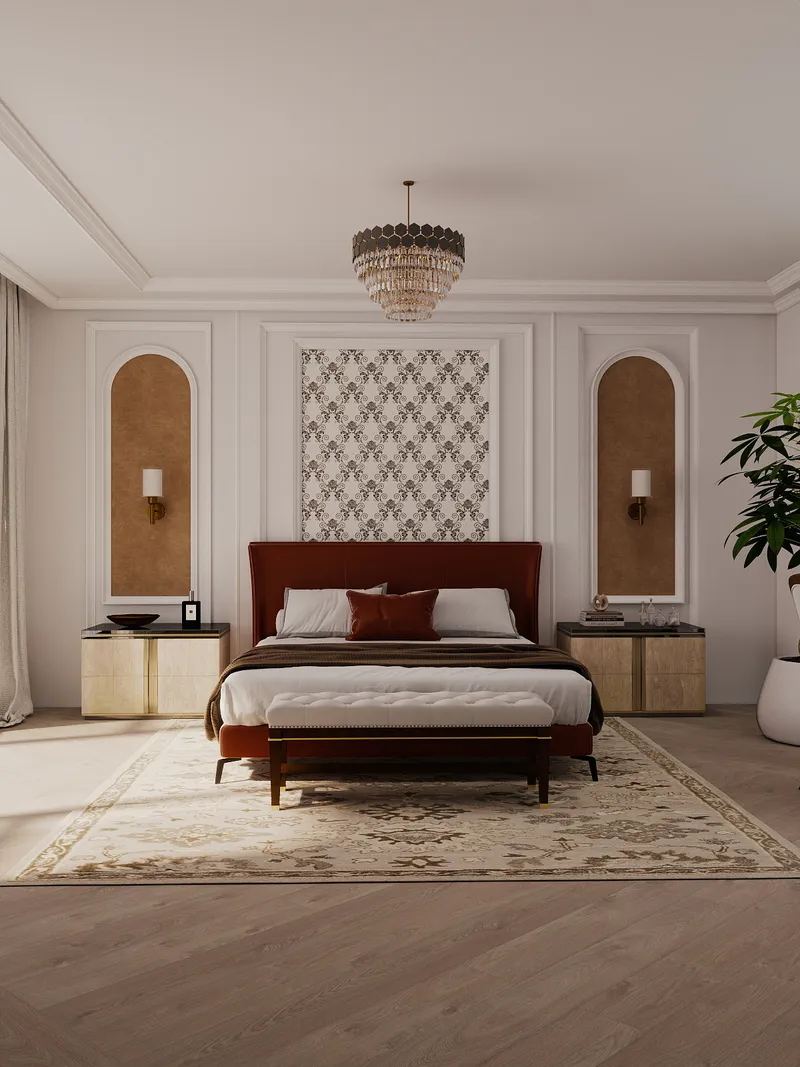 Luxury bedroom featuring a brown bed, patterned rug, ceiling light, wall lights, and wooden floor