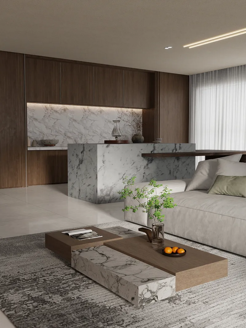 Modern kitchen with marble island dark wood cabinets white sofa wooden coffee table and rug