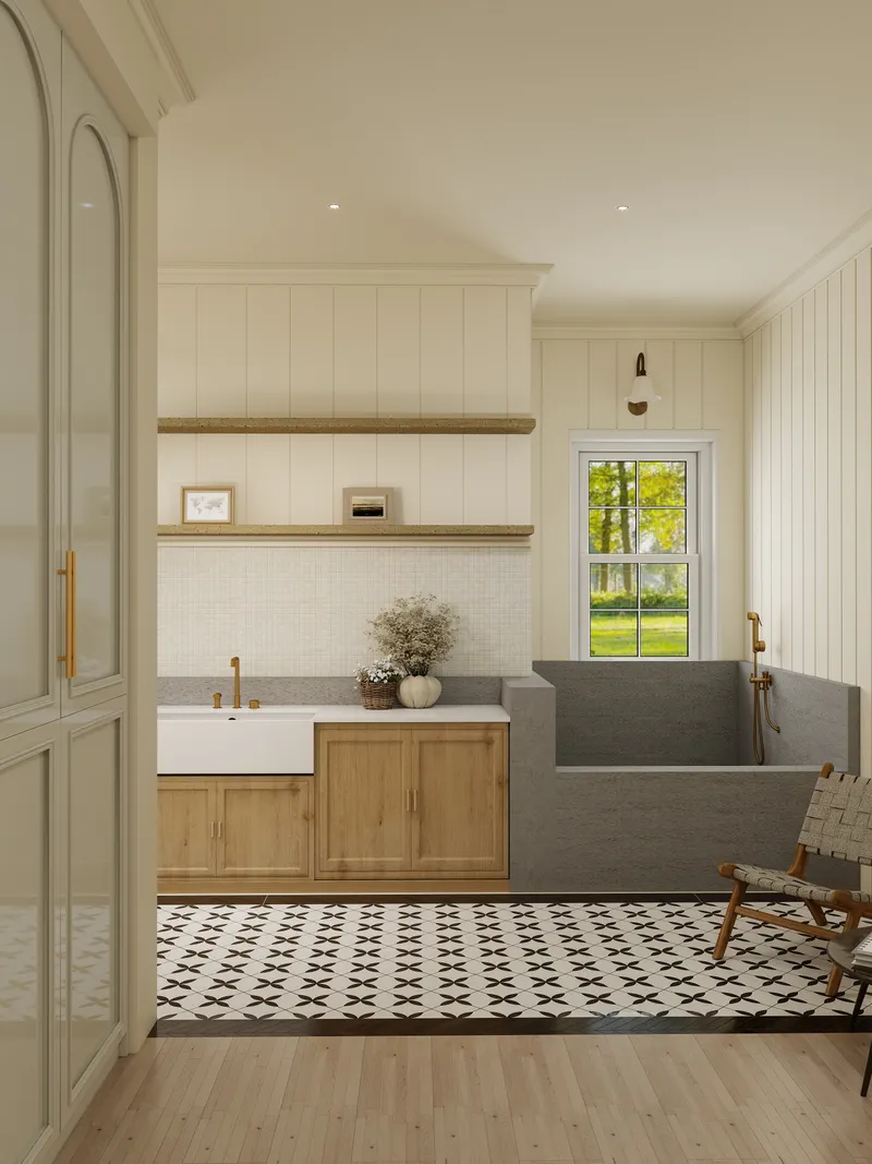 Cream bathroom interior with wooden cabinet white sink grey tub patterned floor tiles and window